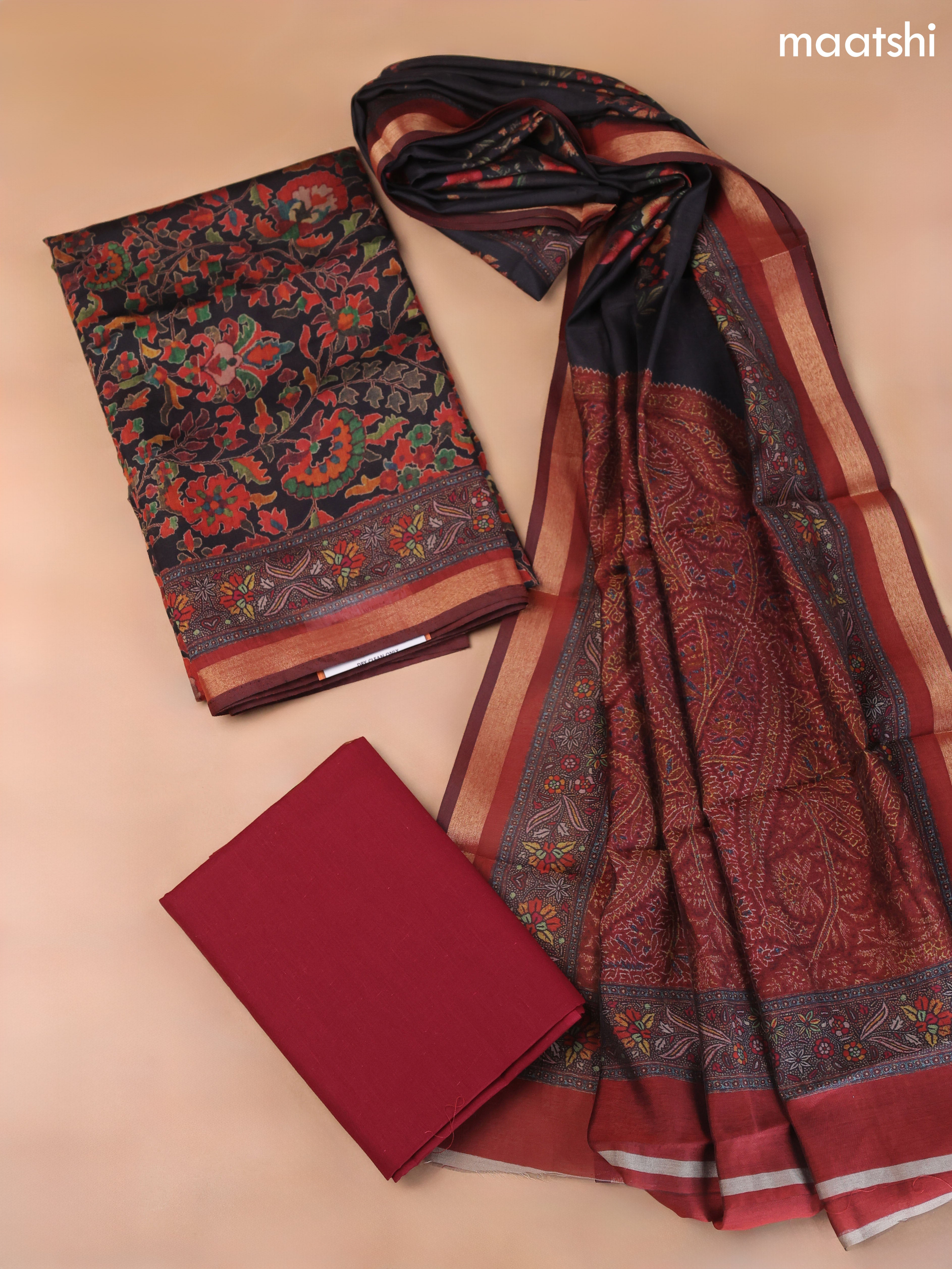 Black and Maroon Art Silk Dress Material With Allover Floral Prints
