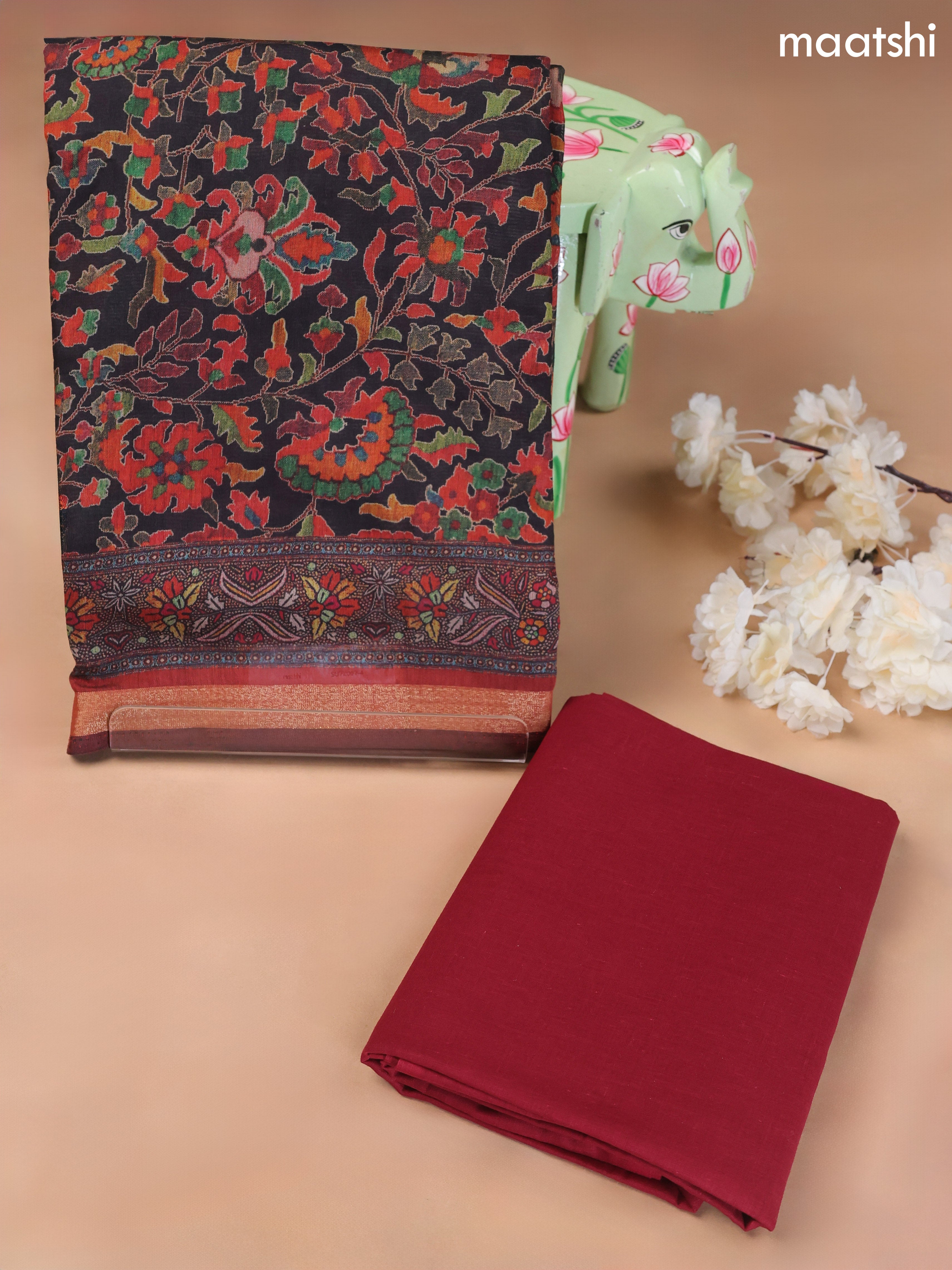 Black and Maroon Art Silk Dress Material With Allover Floral Prints