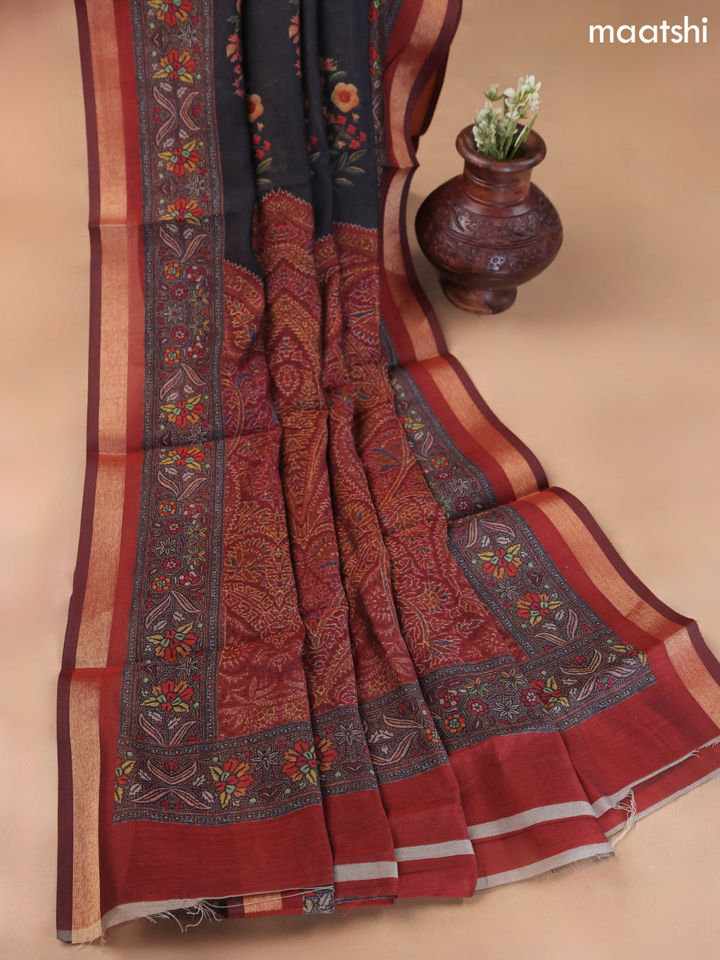 Black and Maroon Art Silk Dress Material With Allover Floral Prints