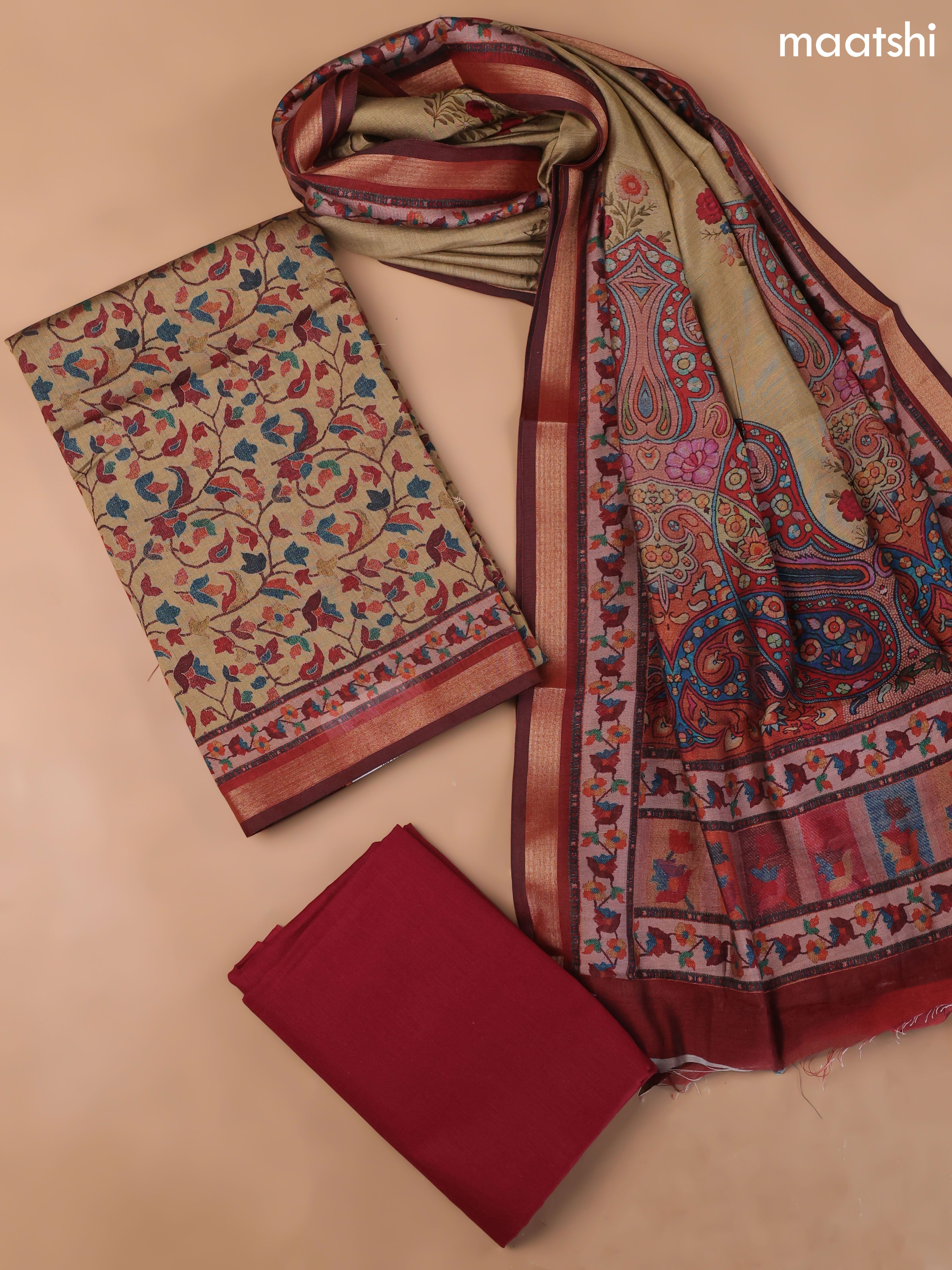 Sandal Art Silk Dress Material With Allover Floral Prints