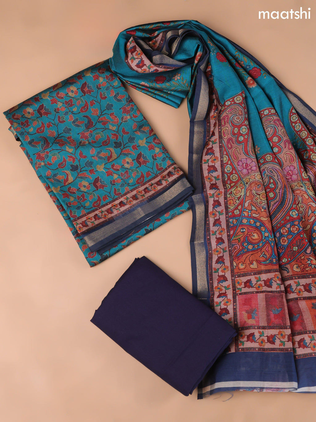 Teal Blue and Navy Blue Art Silk Dress Material With Allover Floral Prints