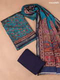 Teal Blue and Navy Blue Art Silk Dress Material With Allover Floral Prints