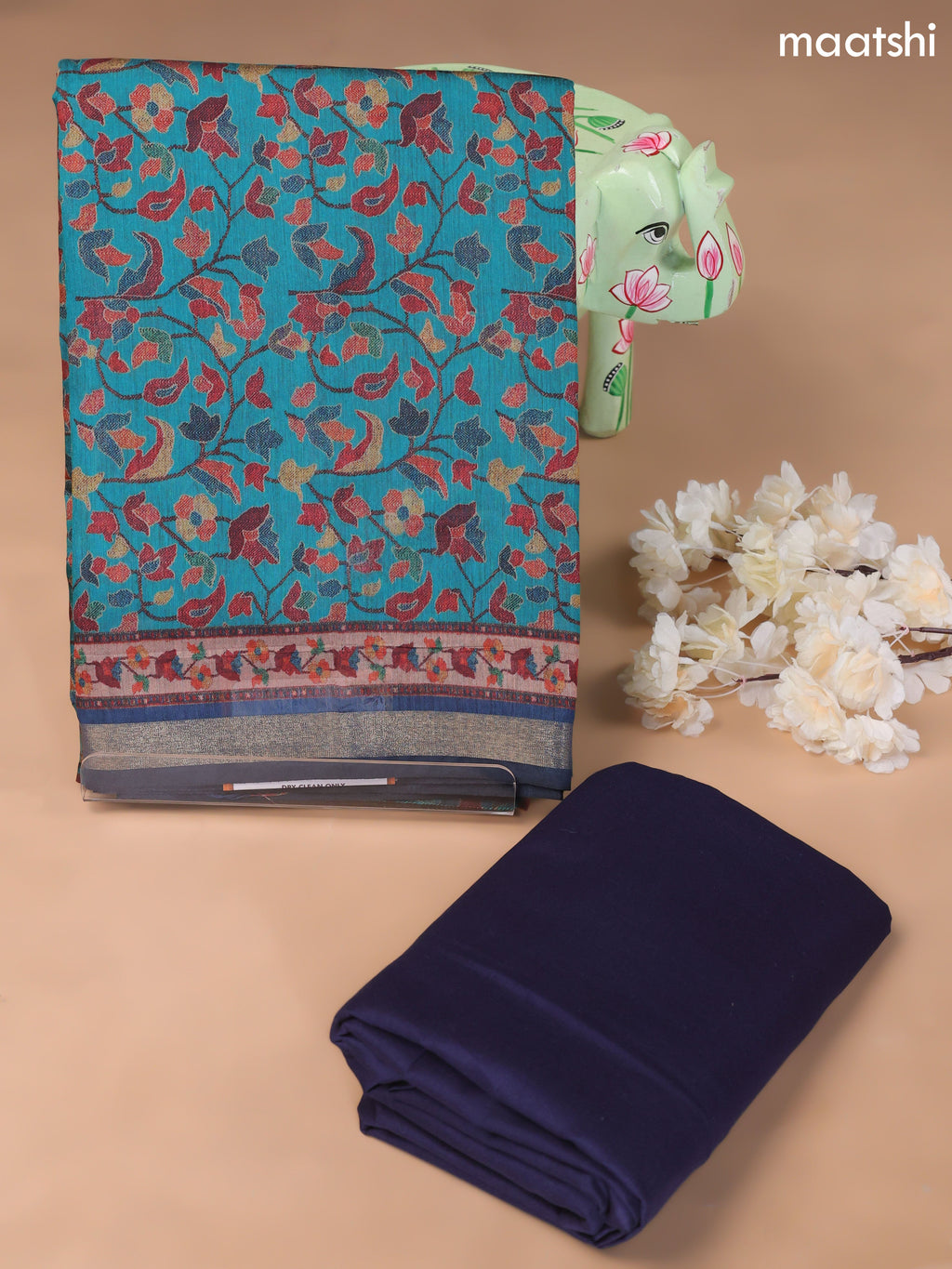 Teal Blue and Navy Blue Art Silk Dress Material With Allover Floral Prints
