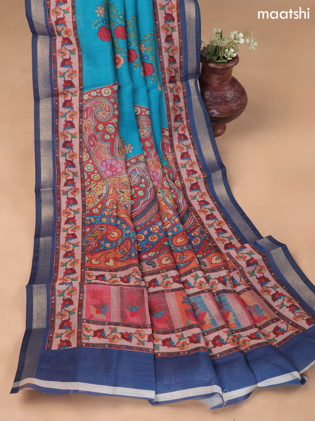 Teal Blue and Navy Blue Art Silk Dress Material With Allover Floral Prints