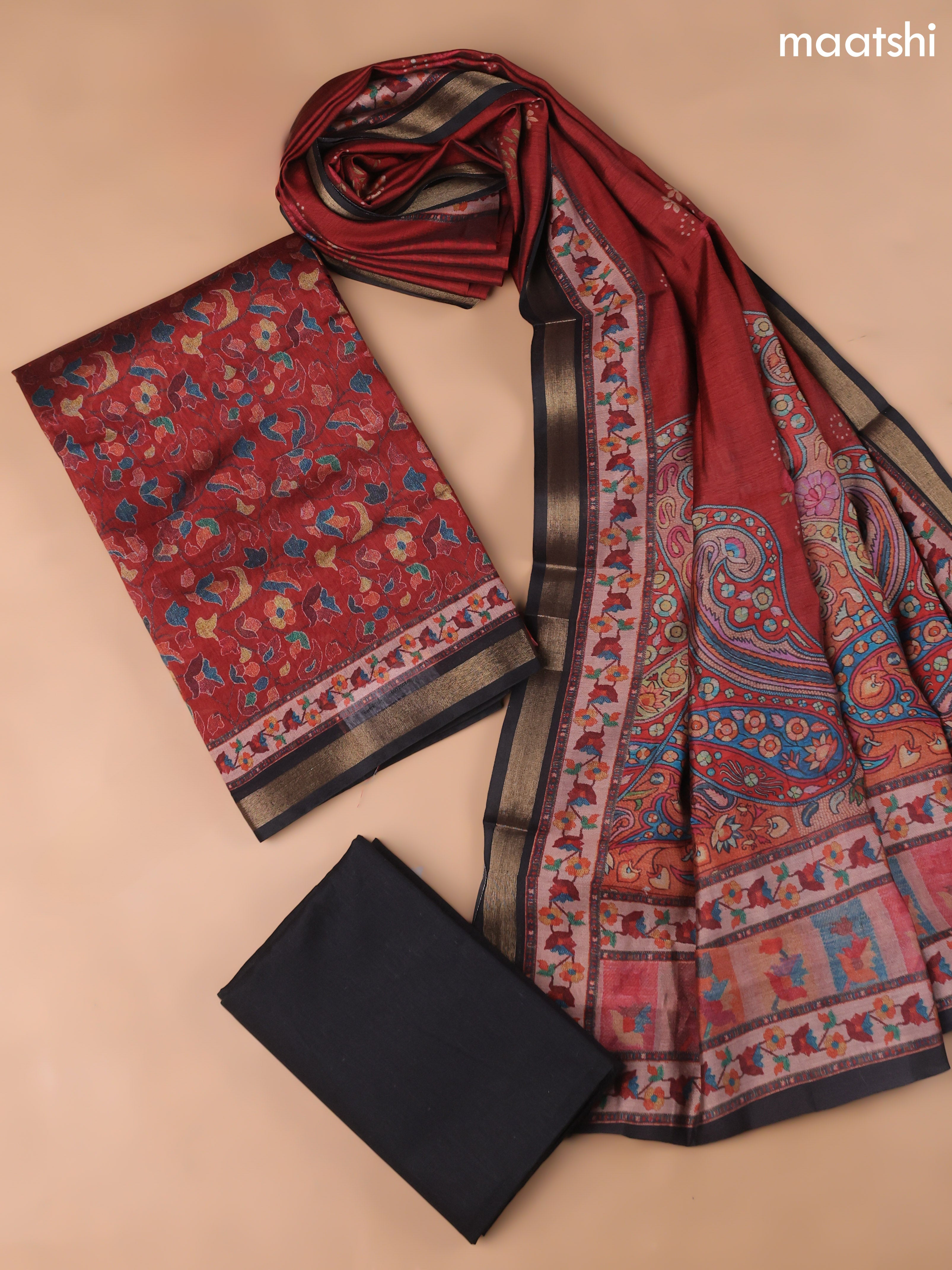 Dark Rust and Black Art Silk Dress Material With Allover Floral Prints