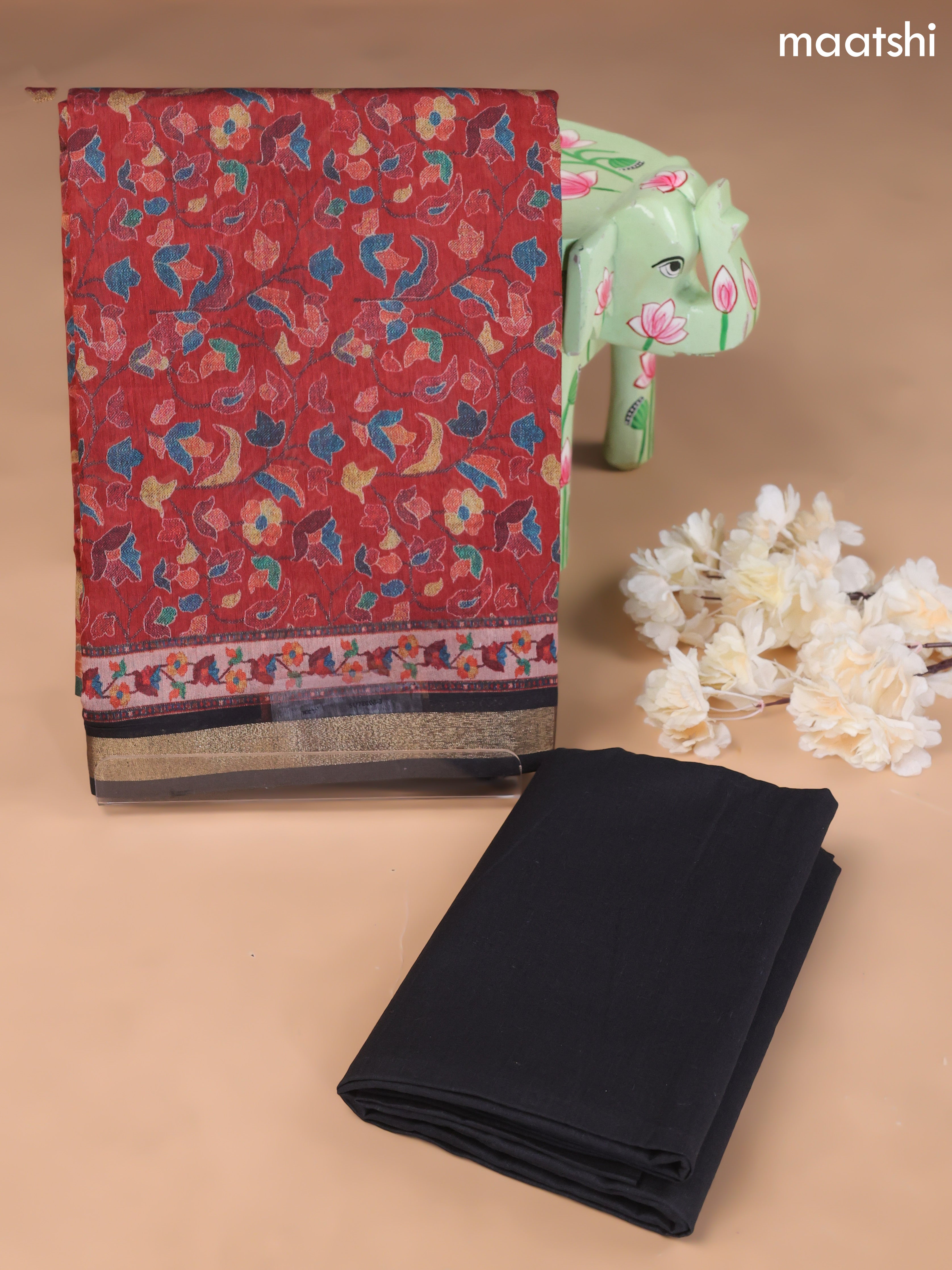 Dark Rust and Black Art Silk Dress Material With Allover Floral Prints