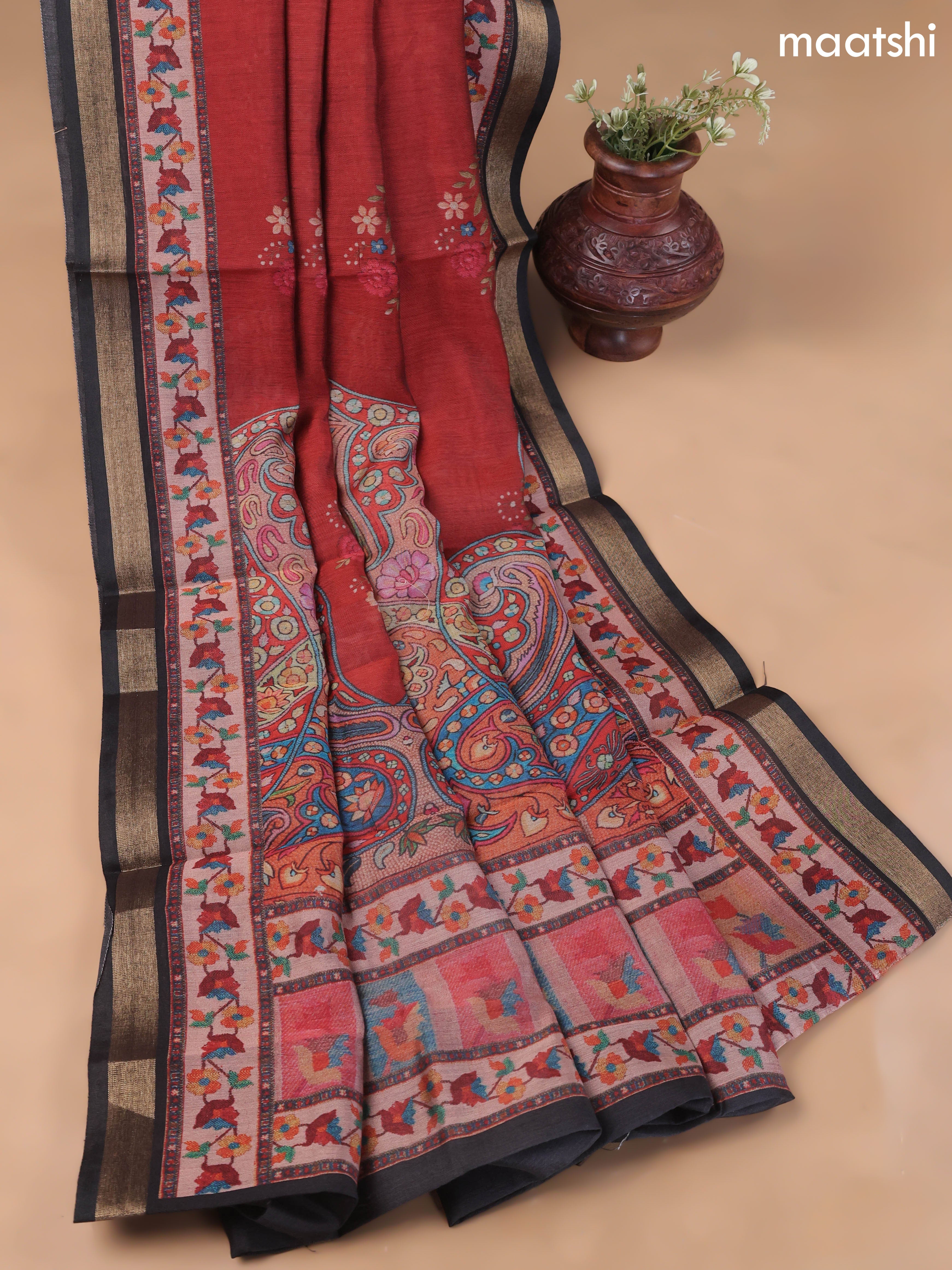 Dark Rust and Black Art Silk Dress Material With Allover Floral Prints