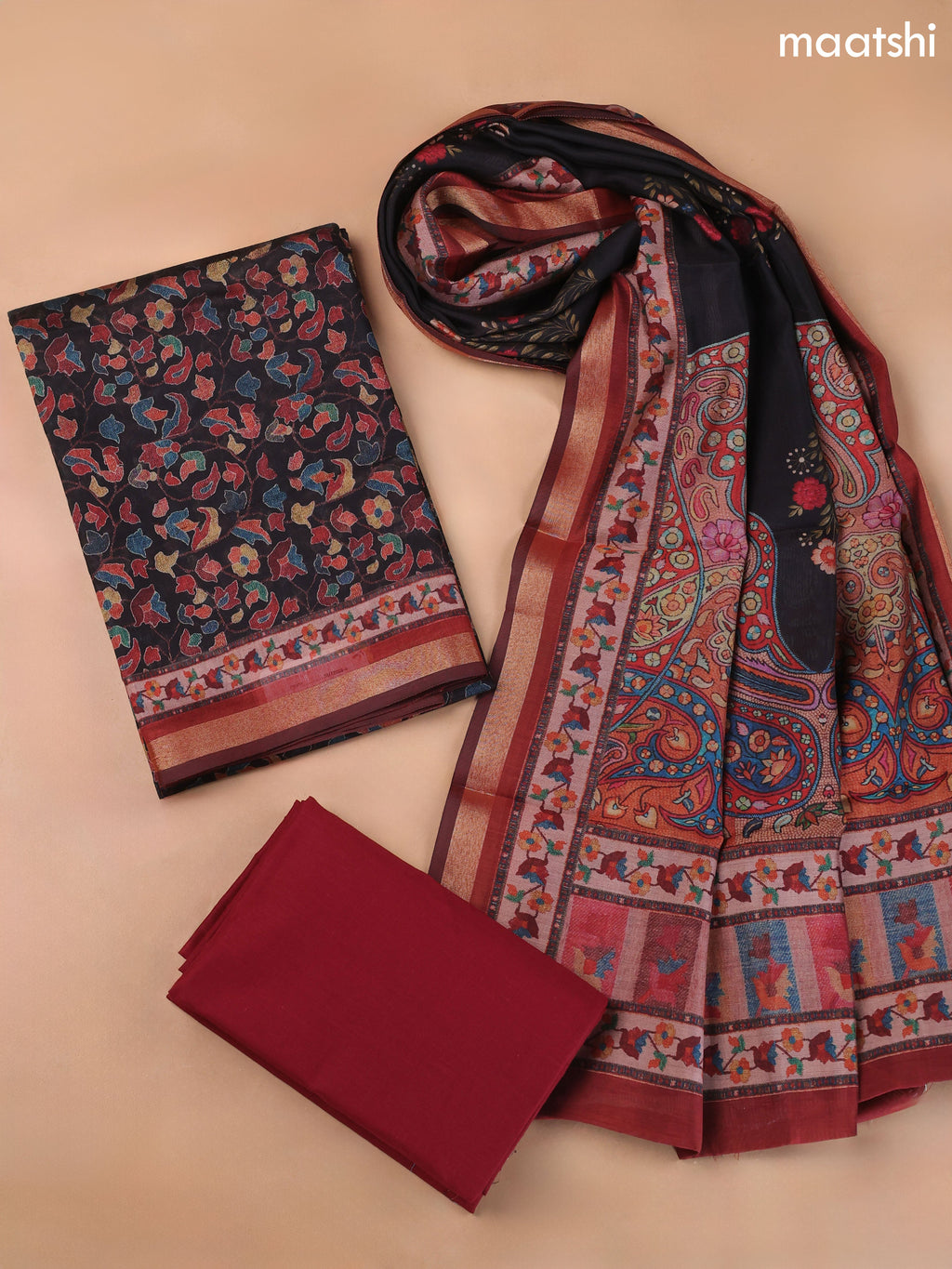 Black and Maroon Art Silk Dress Material With Allover Floral Prints