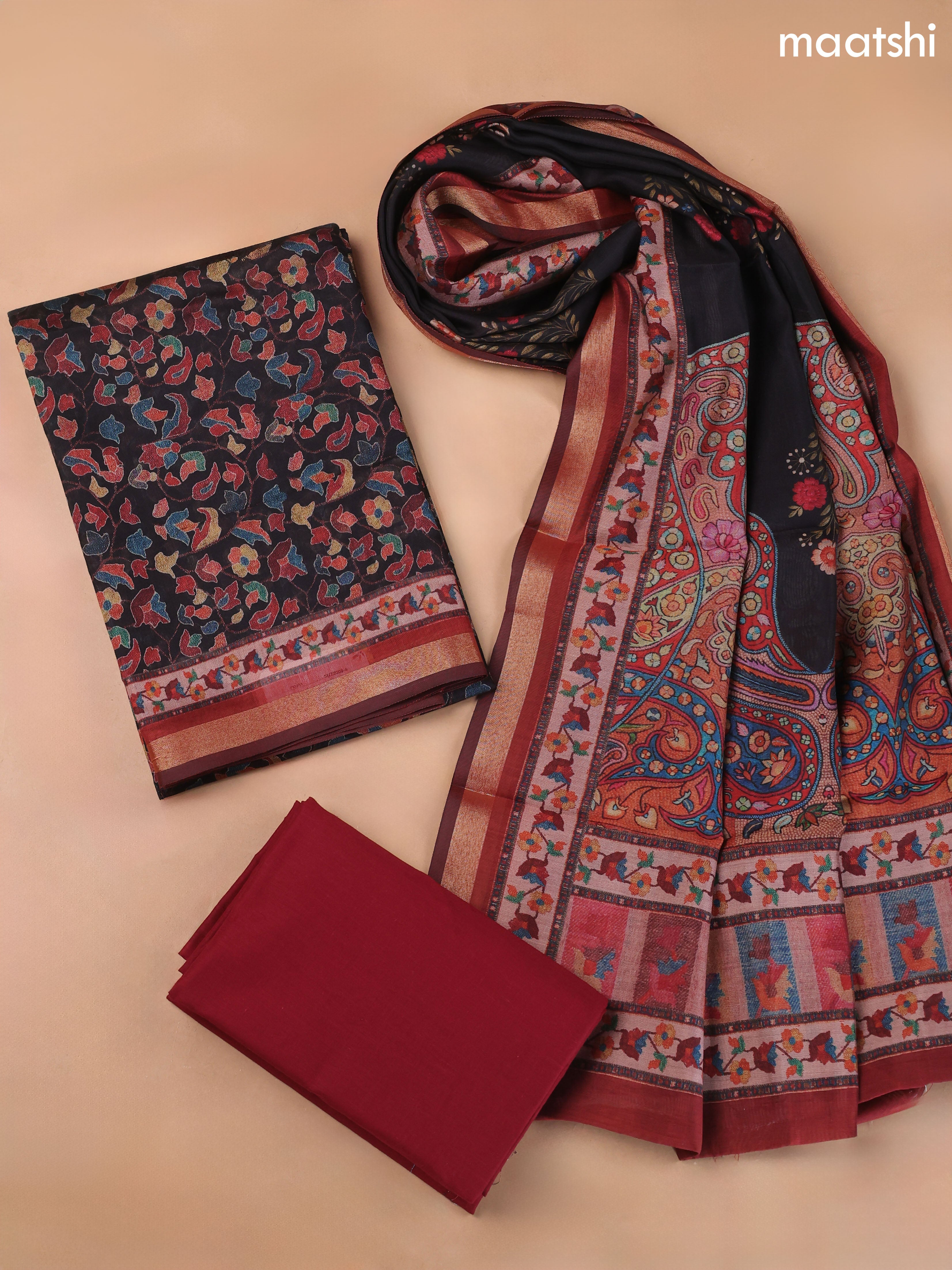 Black and Maroon Art Silk Dress Material With Allover Floral Prints