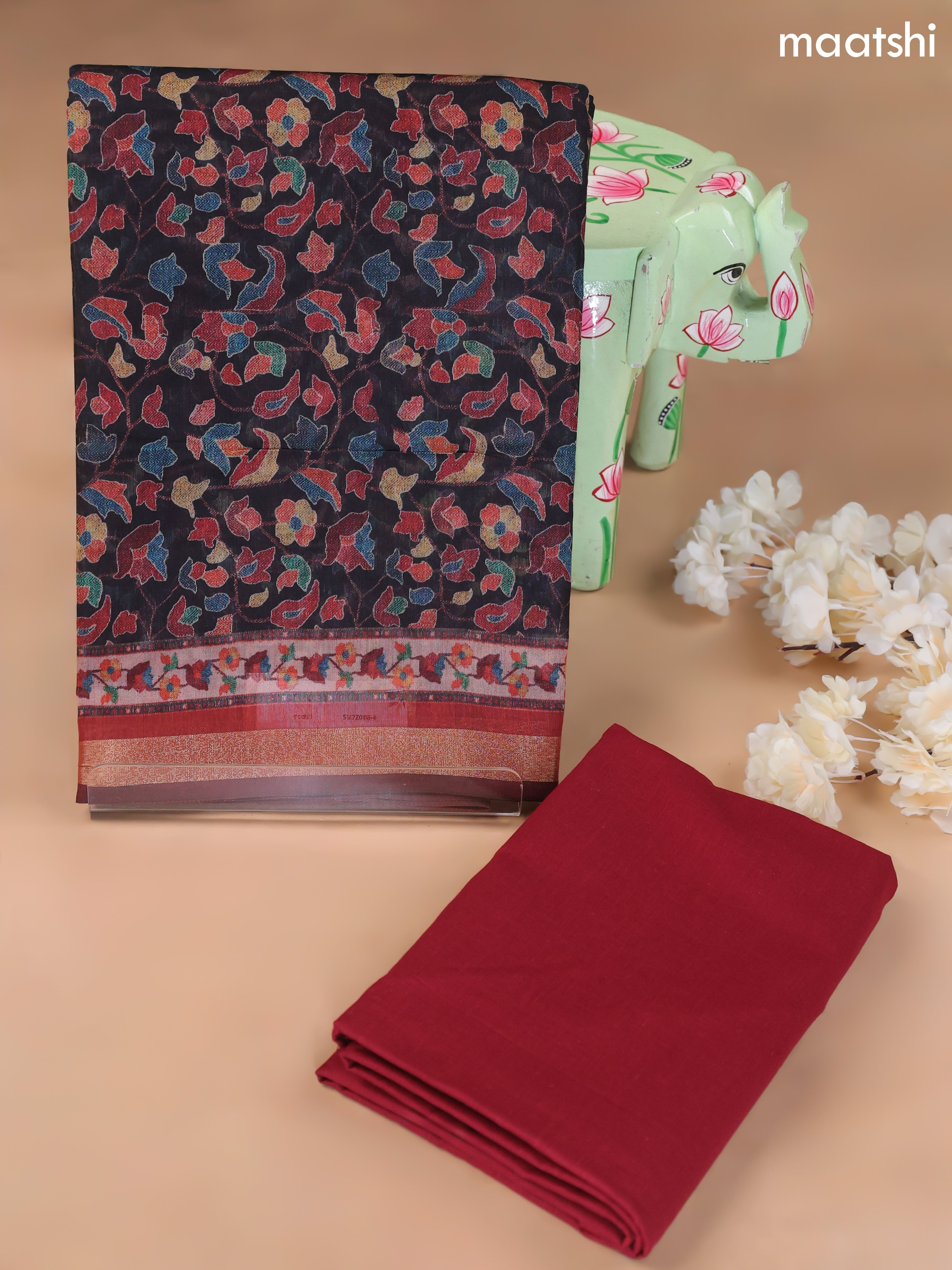Black and Maroon Art Silk Dress Material With Allover Floral Prints