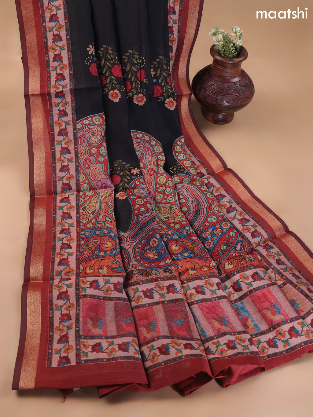 Black and Maroon Art Silk Dress Material With Allover Floral Prints