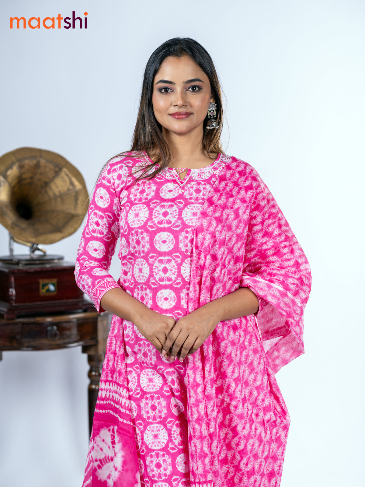 Cotton salwar suit pink with allover batik prints & embroidery zardosi work neck pattern and straight cut pant & dupatta