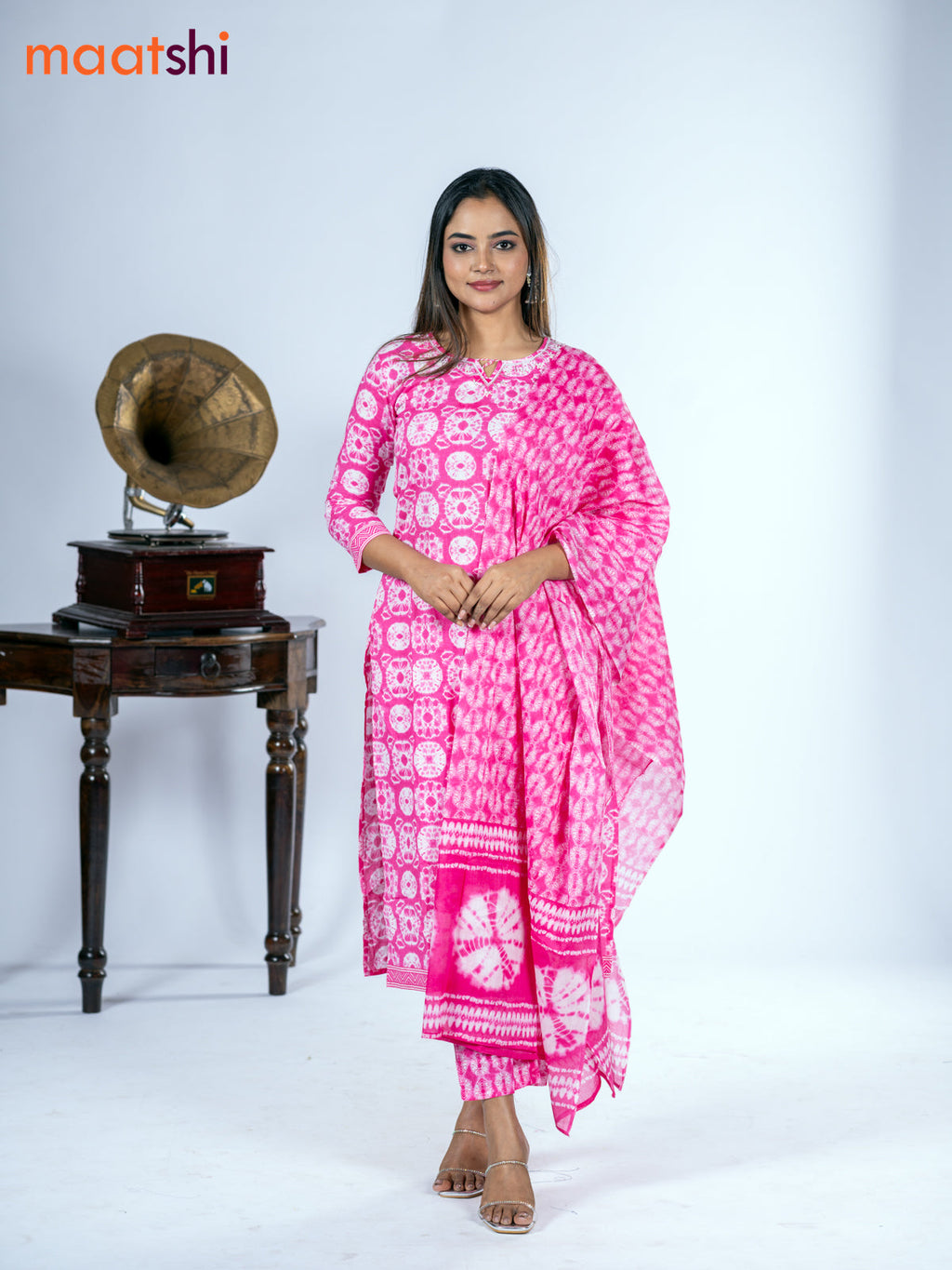 Cotton salwar suit pink with allover batik prints & embroidery zardosi work neck pattern and straight cut pant & dupatta