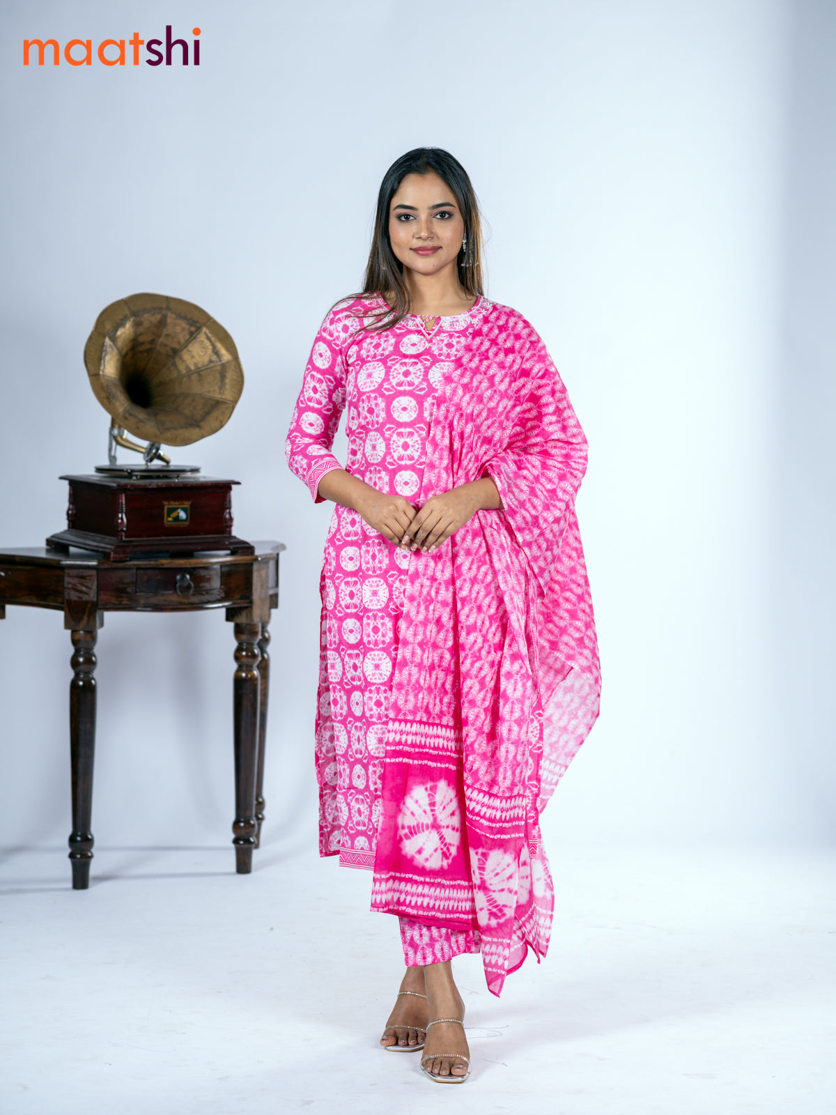 Cotton salwar suit pink with allover batik prints & embroidery zardosi work neck pattern and straight cut pant & dupatta