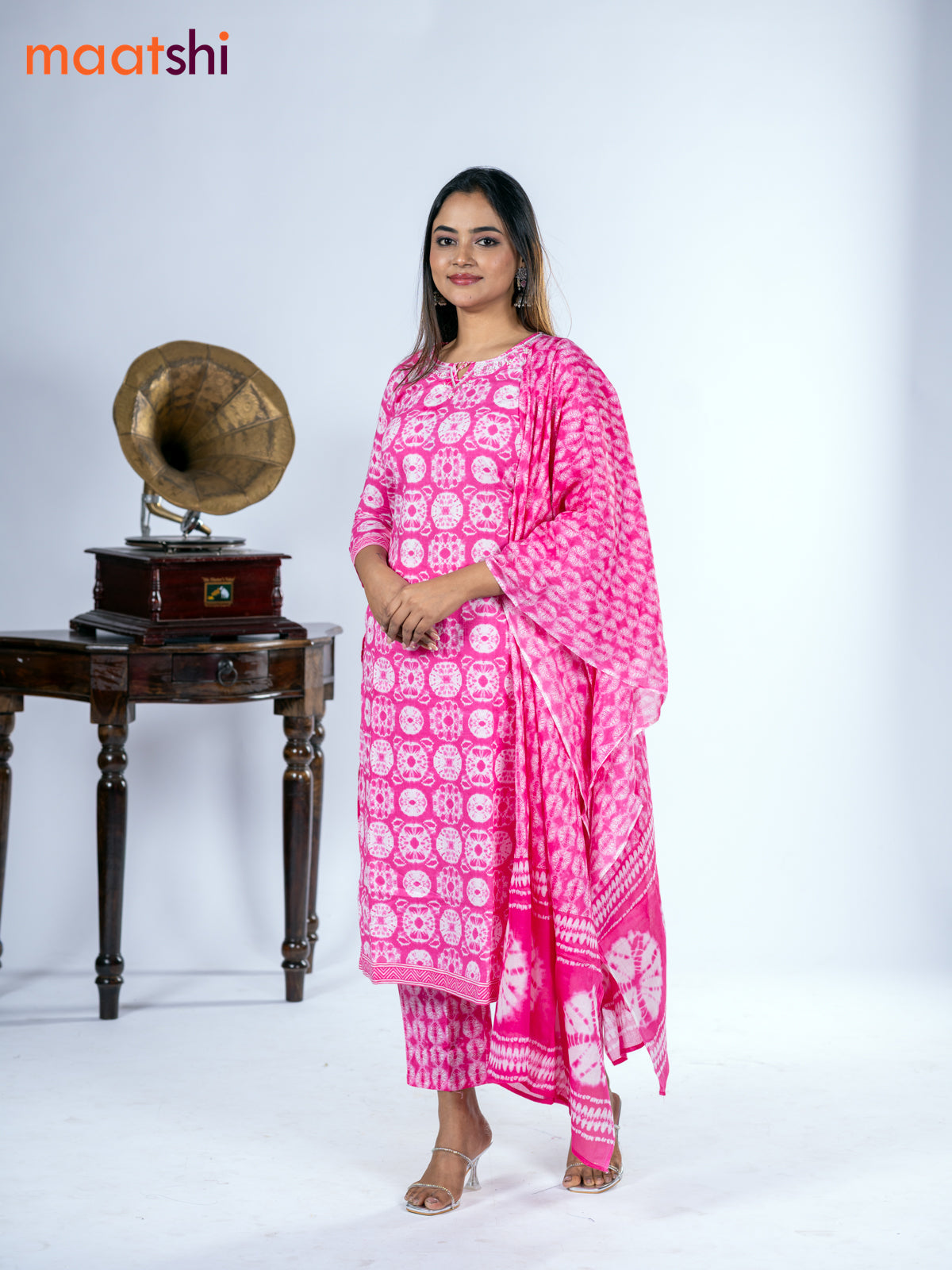 Cotton salwar suit pink with allover batik prints & embroidery zardosi work neck pattern and straight cut pant & dupatta