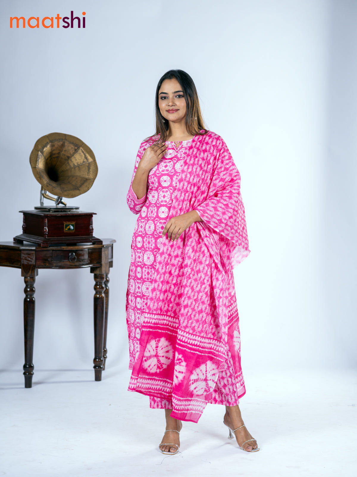 Cotton salwar suit pink with allover batik prints & embroidery zardosi work neck pattern and straight cut pant & dupatta