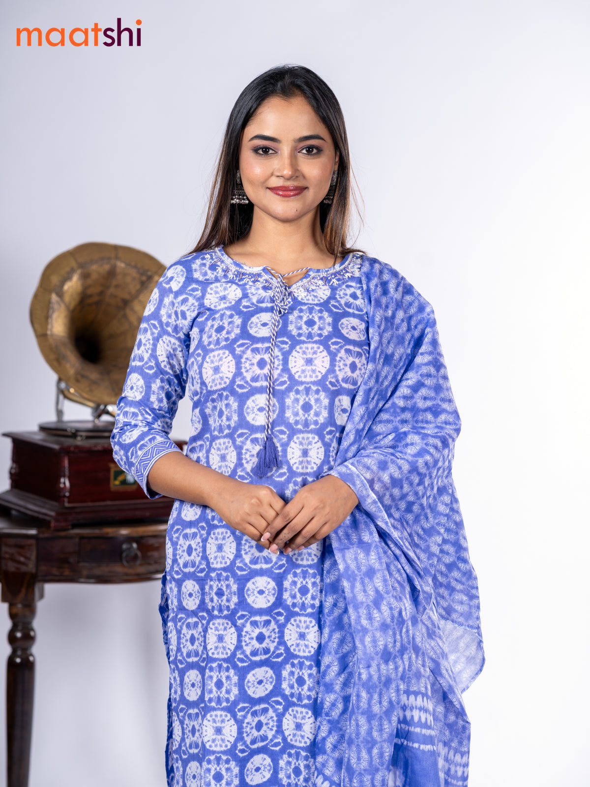 Cotton salwar suit lavender with allover batik prints & embroidery zardosi work neck pattern and straight cut pant & dupatta