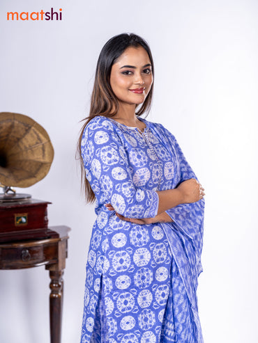 Cotton salwar suit lavender with allover batik prints & embroidery zardosi work neck pattern and straight cut pant & dupatta