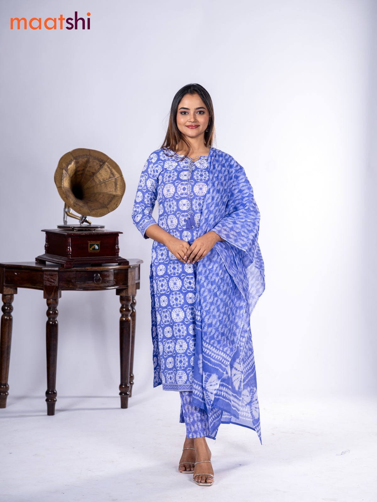 Cotton salwar suit lavender with allover batik prints & embroidery zardosi work neck pattern and straight cut pant & dupatta