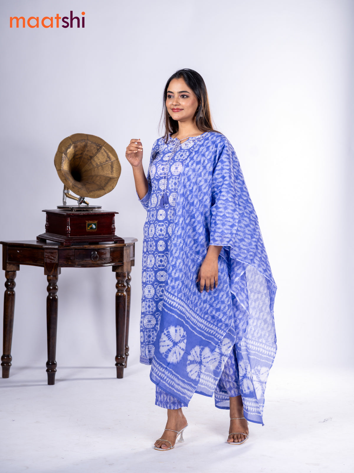 Cotton salwar suit lavender with allover batik prints & embroidery zardosi work neck pattern and straight cut pant & dupatta