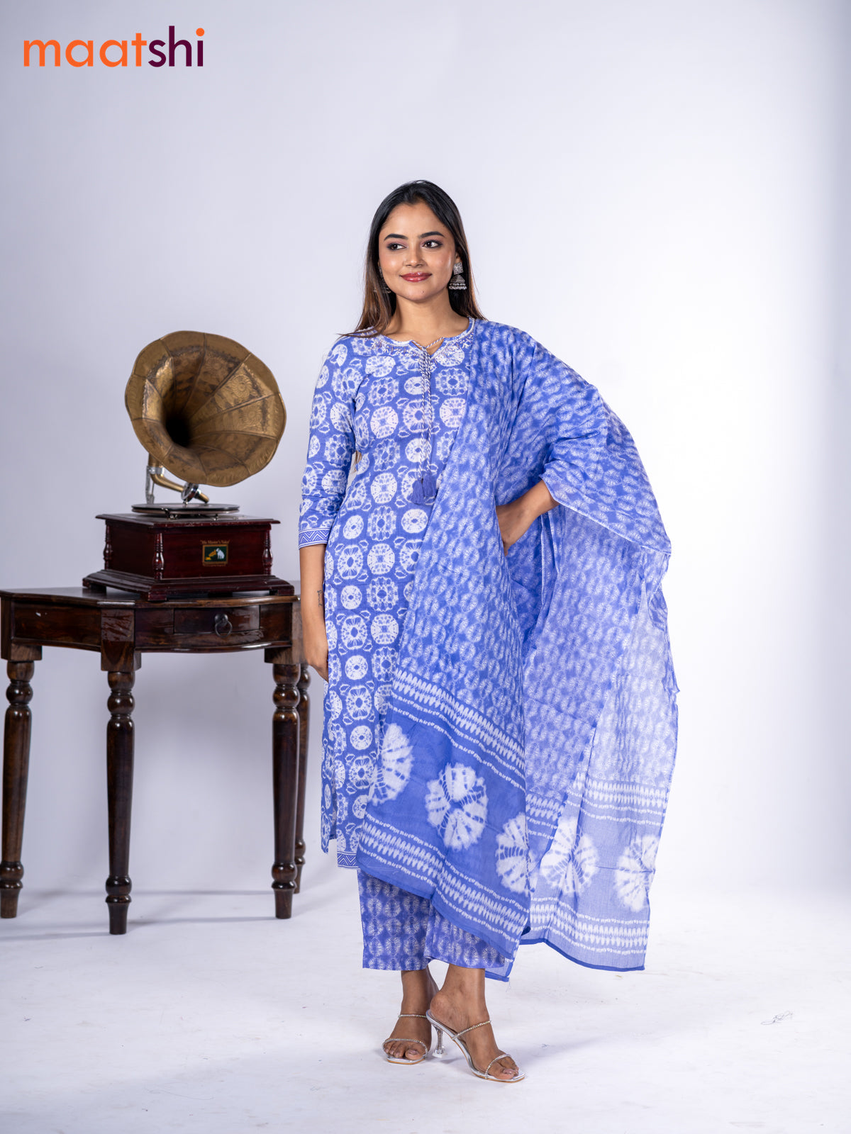 Cotton salwar suit lavender with allover batik prints & embroidery zardosi work neck pattern and straight cut pant & dupatta