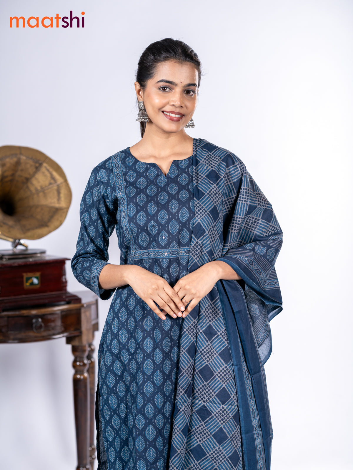 Cotton salwar suit dark peacock blue with allover leaf prints & mirror sequin work neck pattern and straight cut pant & dupatta