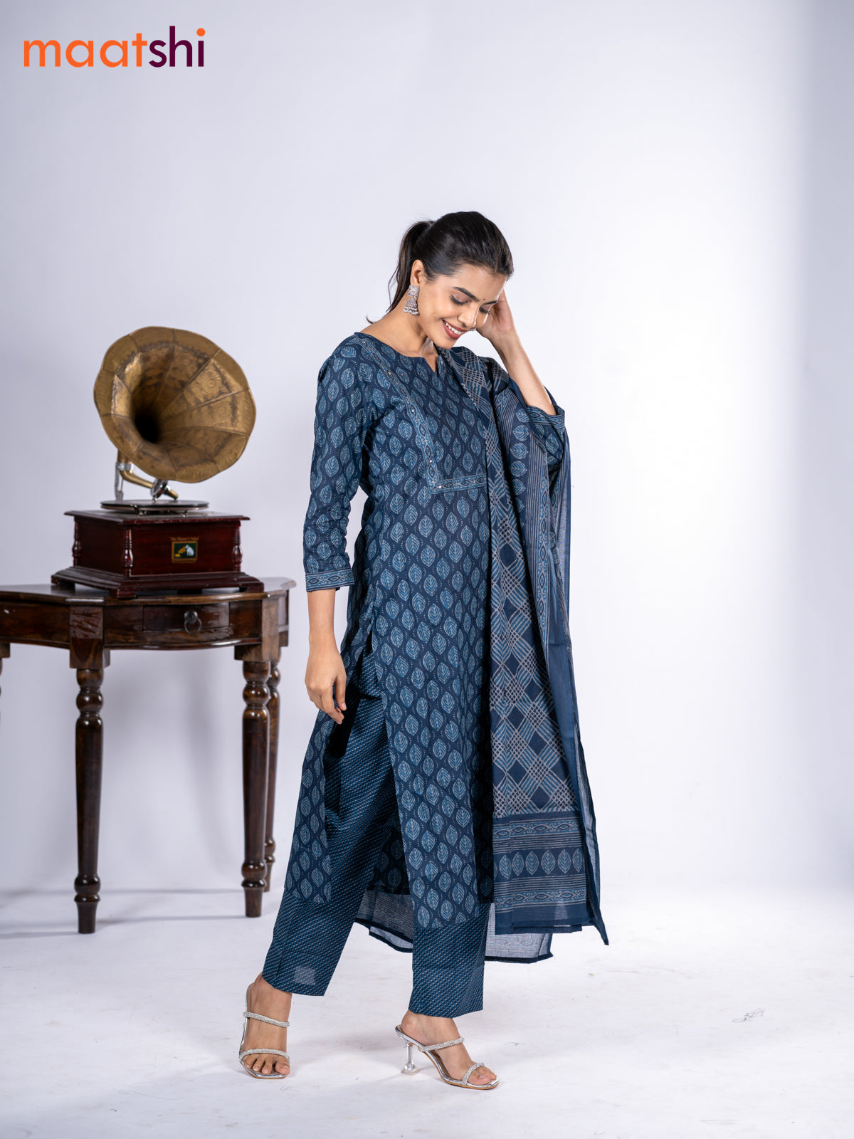 Cotton salwar suit dark peacock blue with allover leaf prints & mirror sequin work neck pattern and straight cut pant & dupatta