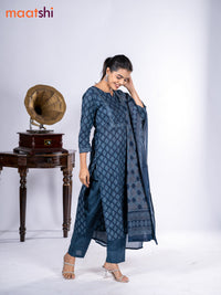 Cotton salwar suit dark peacock blue with allover leaf prints & mirror sequin work neck pattern and straight cut pant & dupatta