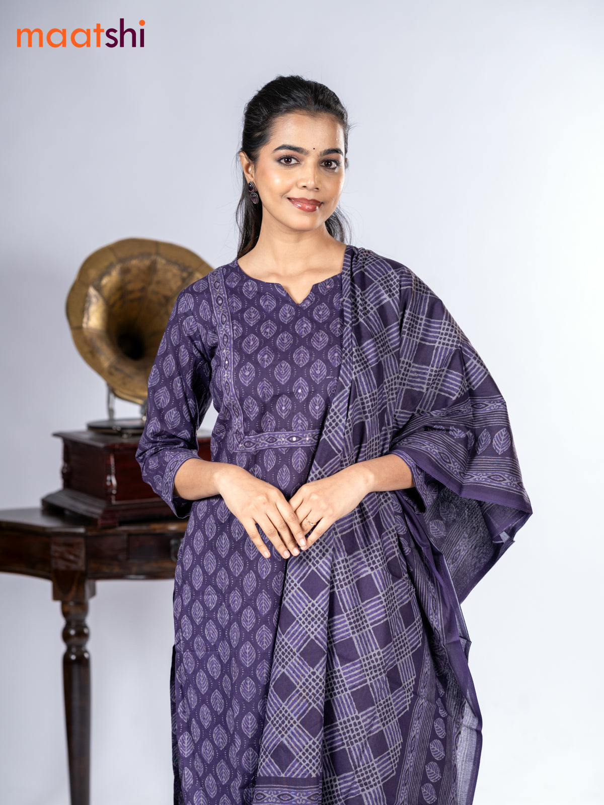 Cotton salwar suit deep jamun with allover leaf prints & mirror sequin work neck pattern and straight cut pant & dupatta