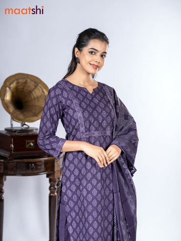 Cotton salwar suit deep jamun with allover leaf prints & mirror sequin work neck pattern and straight cut pant & dupatta
