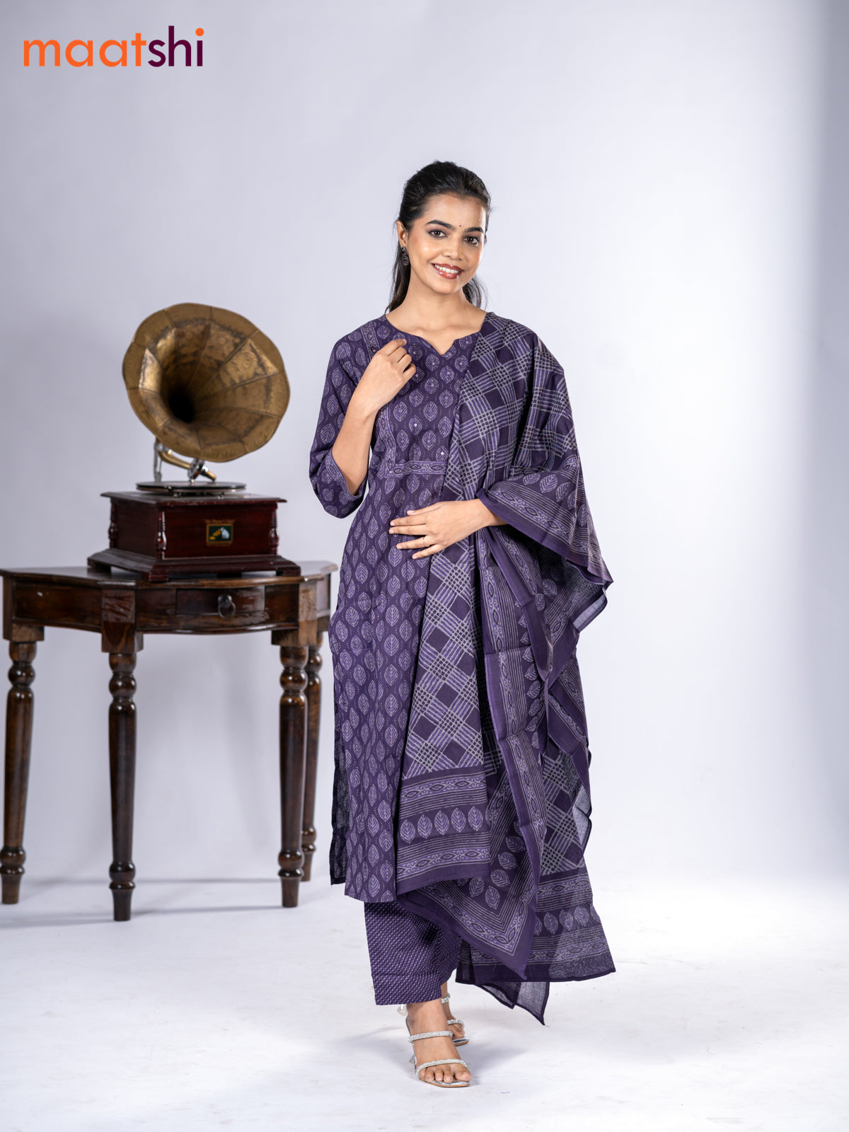 Cotton salwar suit deep jamun with allover leaf prints & mirror sequin work neck pattern and straight cut pant & dupatta