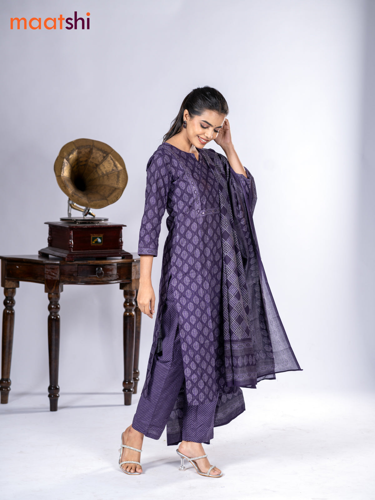 Cotton salwar suit deep jamun with allover leaf prints & mirror sequin work neck pattern and straight cut pant & dupatta