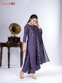 Cotton salwar suit deep jamun with allover leaf prints & mirror sequin work neck pattern and straight cut pant & dupatta