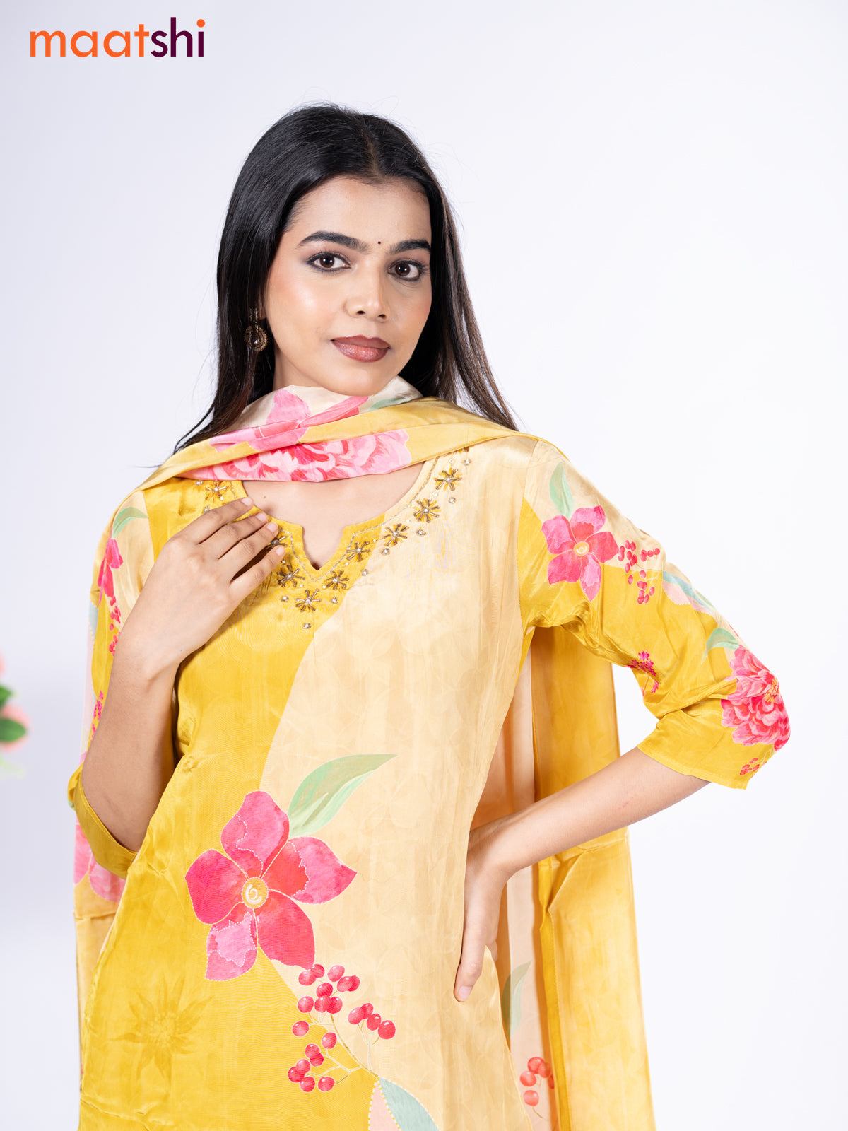 Crepe silk salwar suit lime yellow with placement prints & embroidery beaded work neck pattern and straight cut pant & dupatta