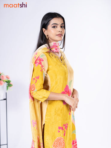 Crepe silk salwar suit lime yellow with placement prints & embroidery beaded work neck pattern and straight cut pant & dupatta