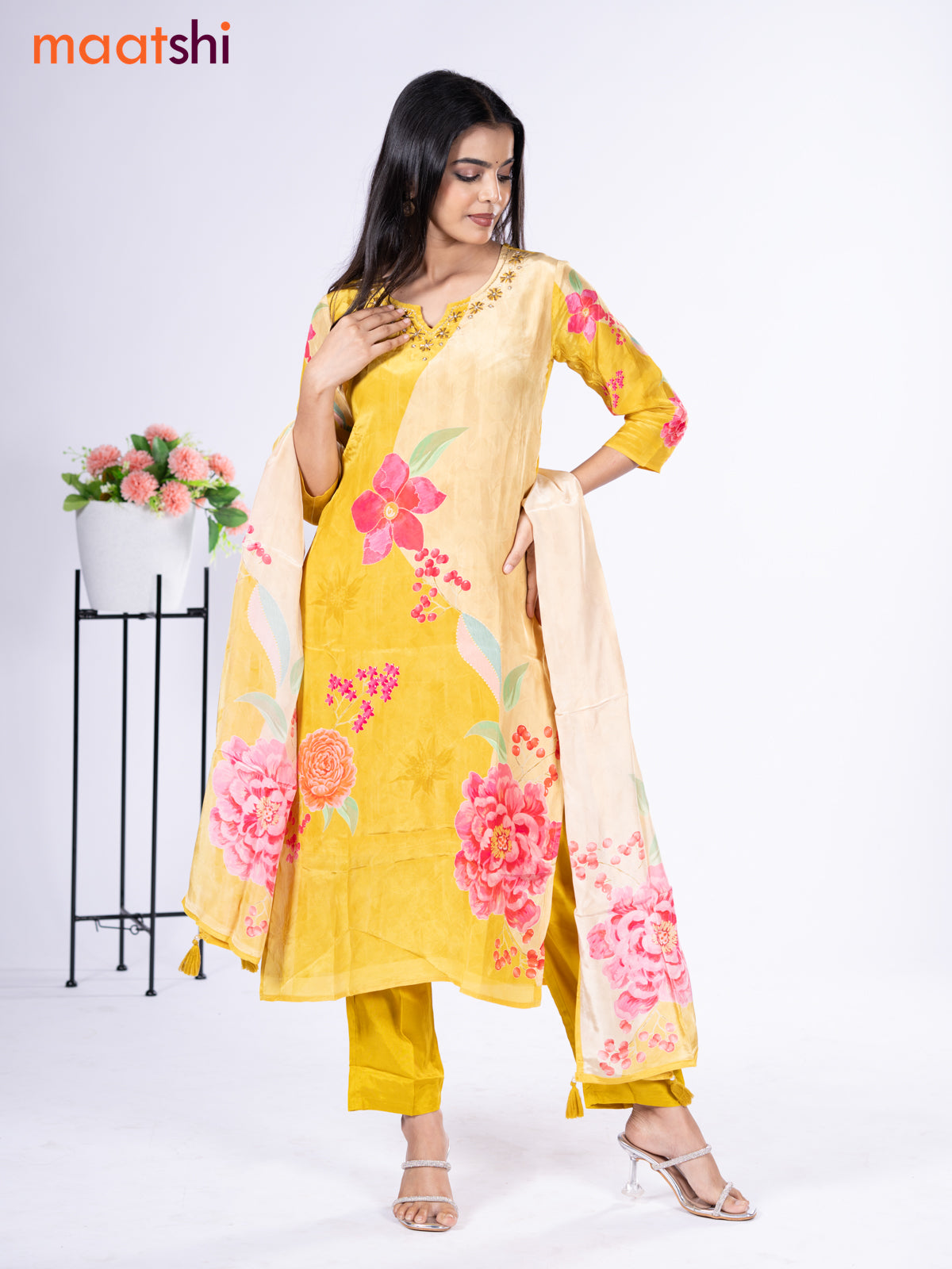 Crepe silk salwar suit lime yellow with placement prints & embroidery beaded work neck pattern and straight cut pant & dupatta
