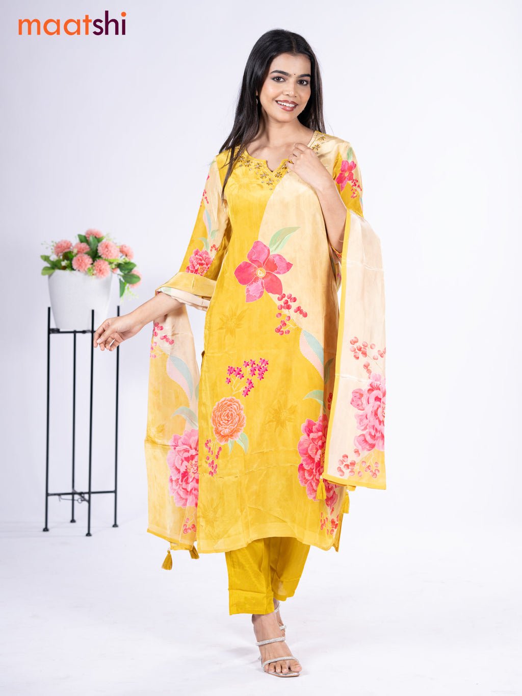 Crepe silk salwar suit lime yellow with placement prints & embroidery beaded work neck pattern and straight cut pant & dupatta