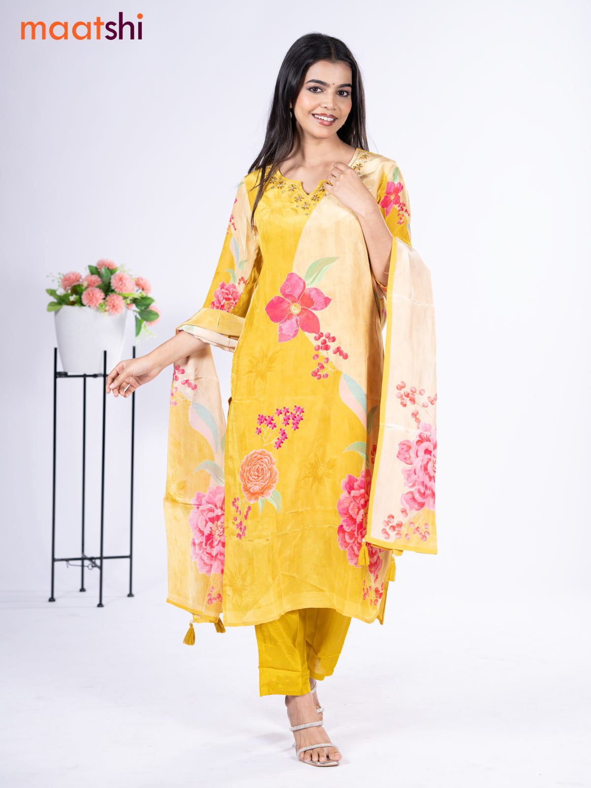 Crepe silk salwar suit lime yellow with placement prints & embroidery beaded work neck pattern and straight cut pant & dupatta