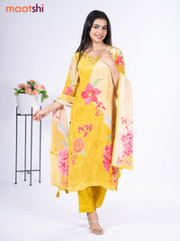 Crepe silk salwar suit lime yellow with placement prints & embroidery beaded work neck pattern and straight cut pant & dupatta