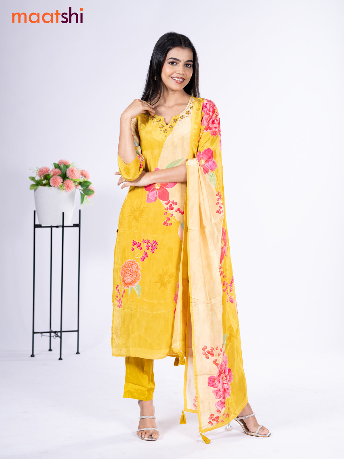 Crepe silk salwar suit lime yellow with placement prints & embroidery beaded work neck pattern and straight cut pant & dupatta