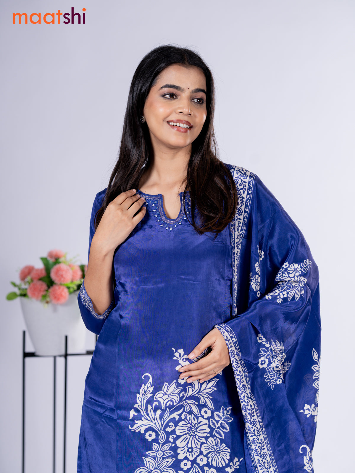 Crepe silk salwar suit blue with placement prints & beaded work neck pattern and straight cut pant & dupatta
