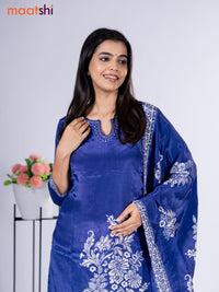 Crepe silk salwar suit blue with placement prints & beaded work neck pattern and straight cut pant & dupatta