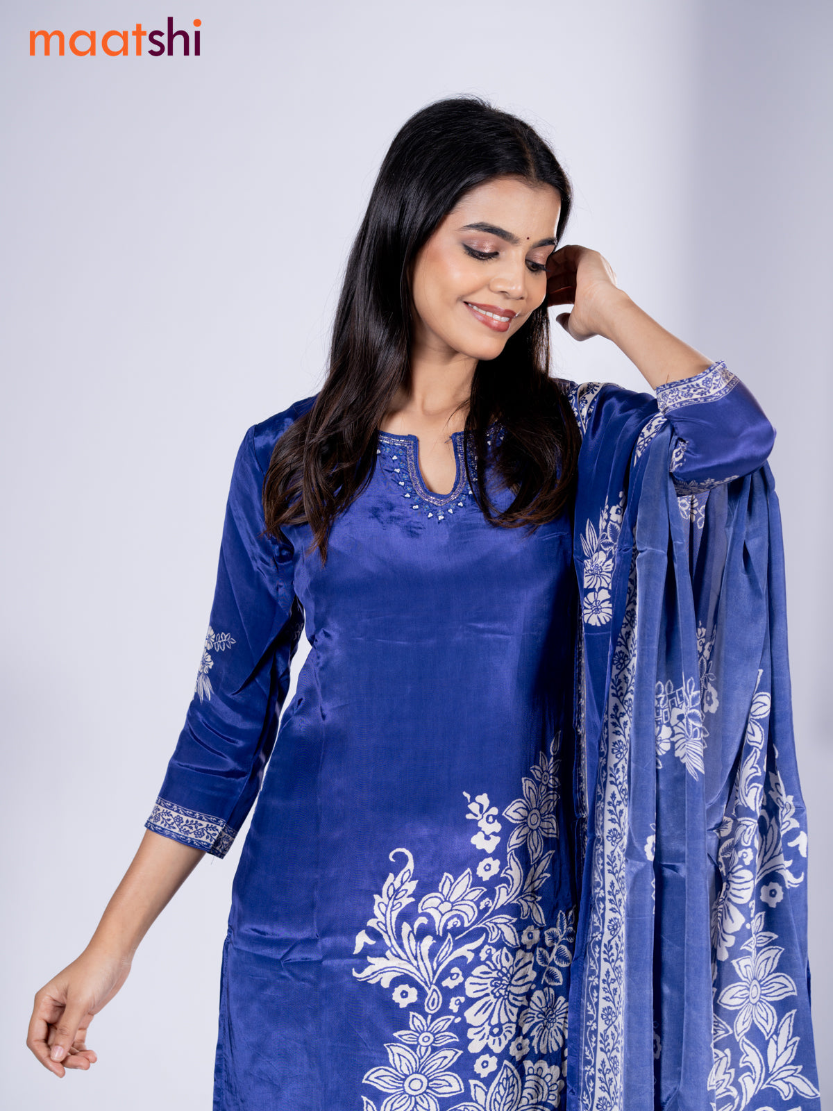 Crepe silk salwar suit blue with placement prints & beaded work neck pattern and straight cut pant & dupatta