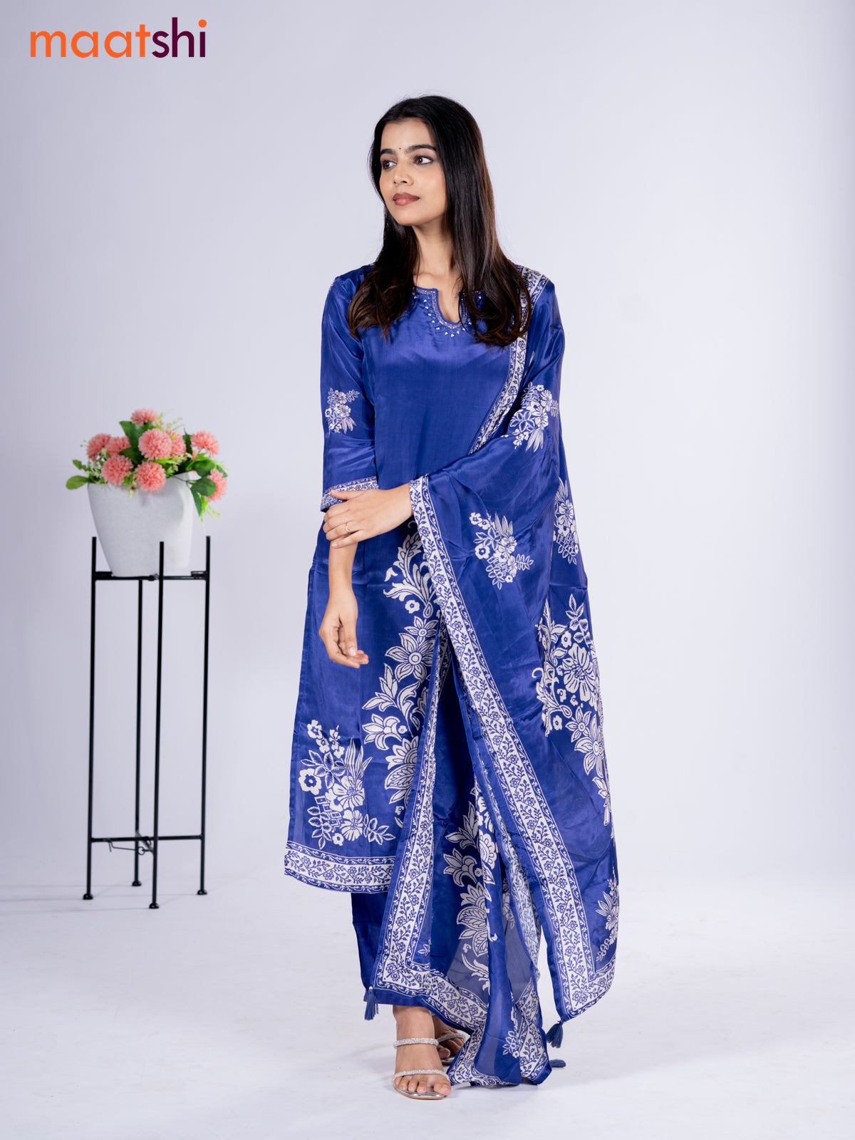 Crepe silk salwar suit blue with placement prints & beaded work neck pattern and straight cut pant & dupatta