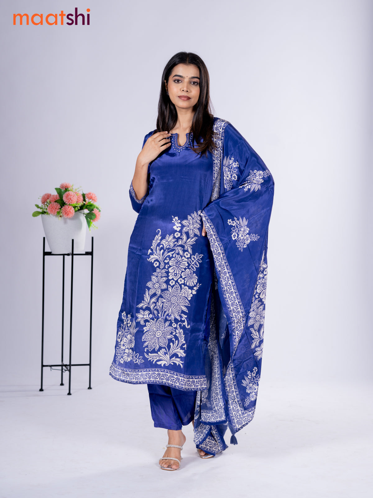 Crepe silk salwar suit blue with placement prints & beaded work neck pattern and straight cut pant & dupatta
