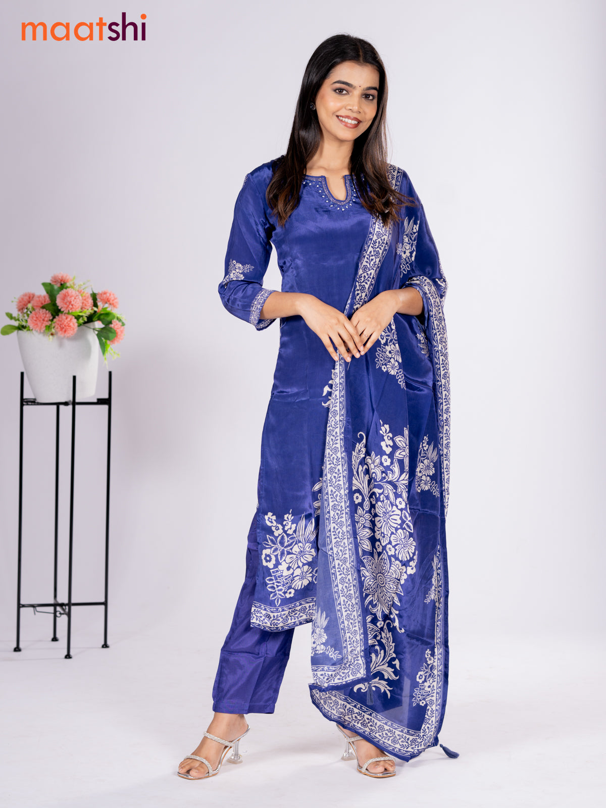 Crepe silk salwar suit blue with placement prints & beaded work neck pattern and straight cut pant & dupatta