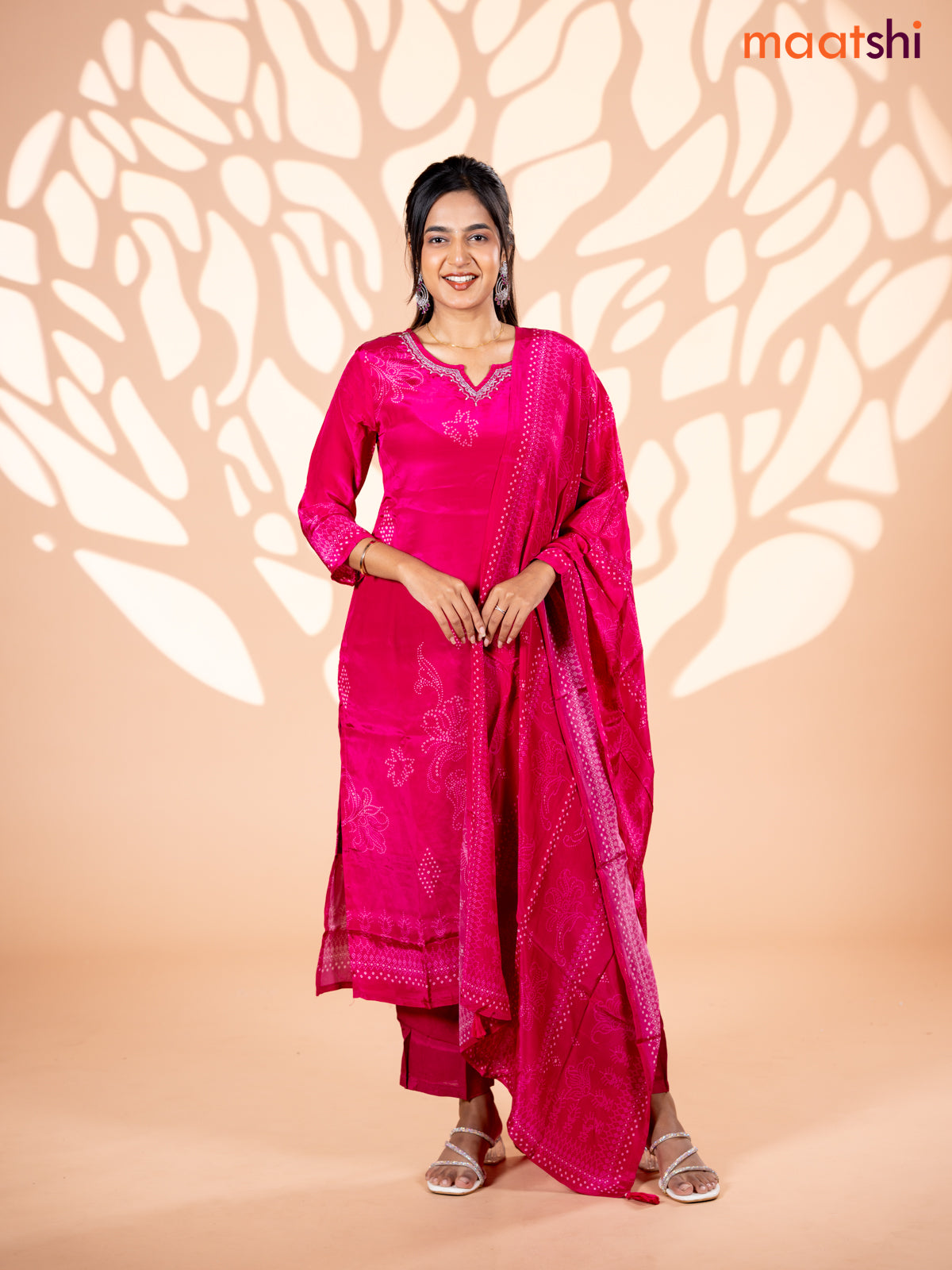 Crepe silk salwar suit pink with allover bandhani prints & beaded work neck pattern and straight cut pant & dupatta