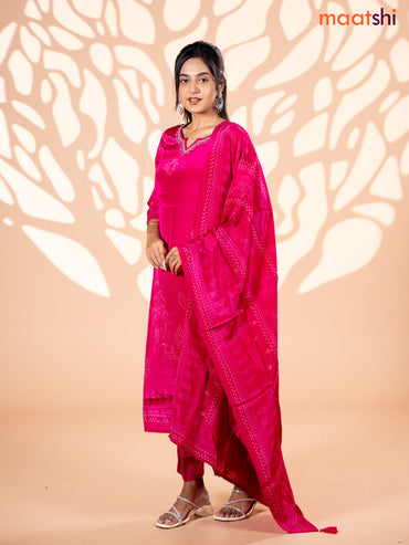 Crepe silk salwar suit pink with allover bandhani prints & beaded work neck pattern and straight cut pant & dupatta