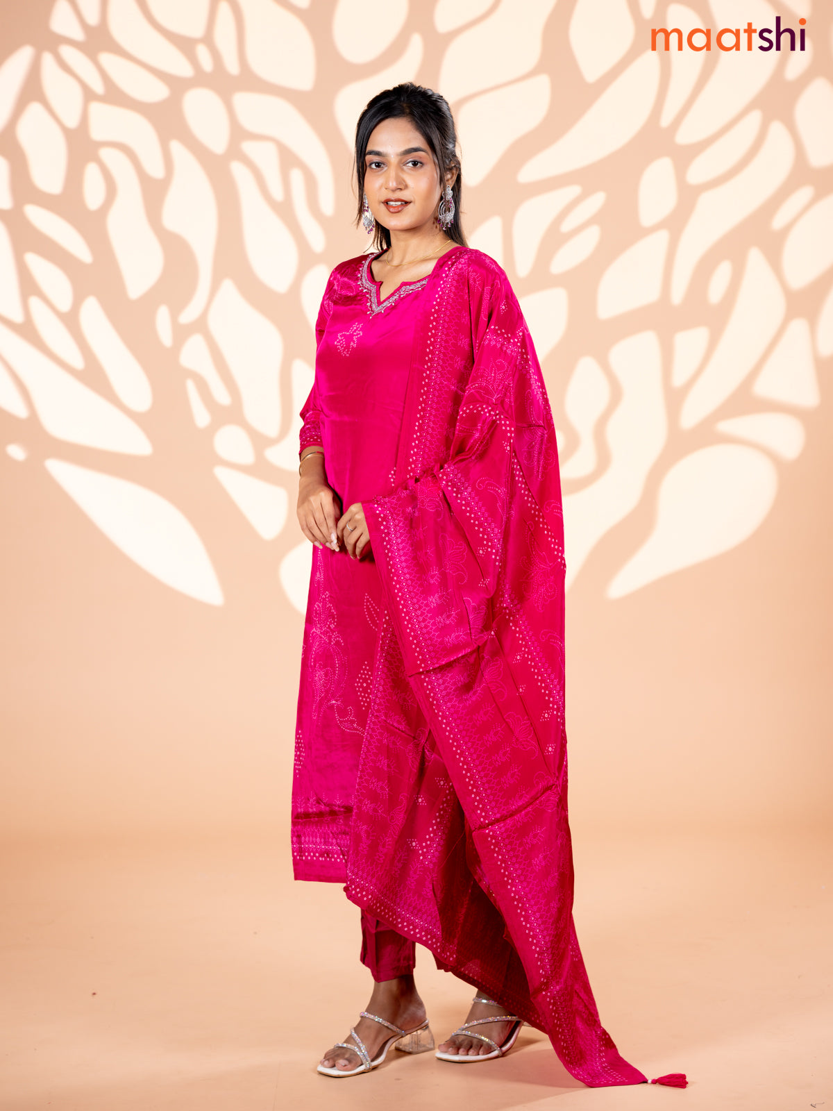 Crepe silk salwar suit pink with allover bandhani prints & beaded work neck pattern and straight cut pant & dupatta