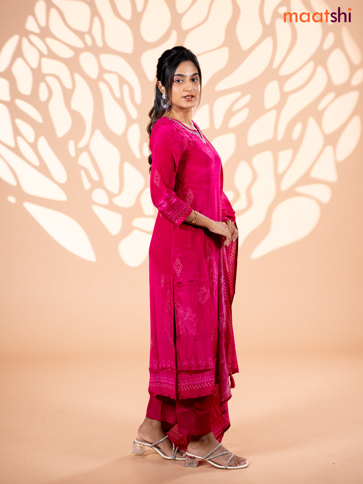 Crepe silk salwar suit pink with allover bandhani prints & beaded work neck pattern and straight cut pant & dupatta